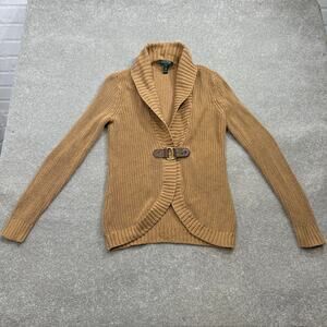 Lauren Ralph Lauren Buckle Cardigan Camel Tan Sweater Knit Womens Med Fall